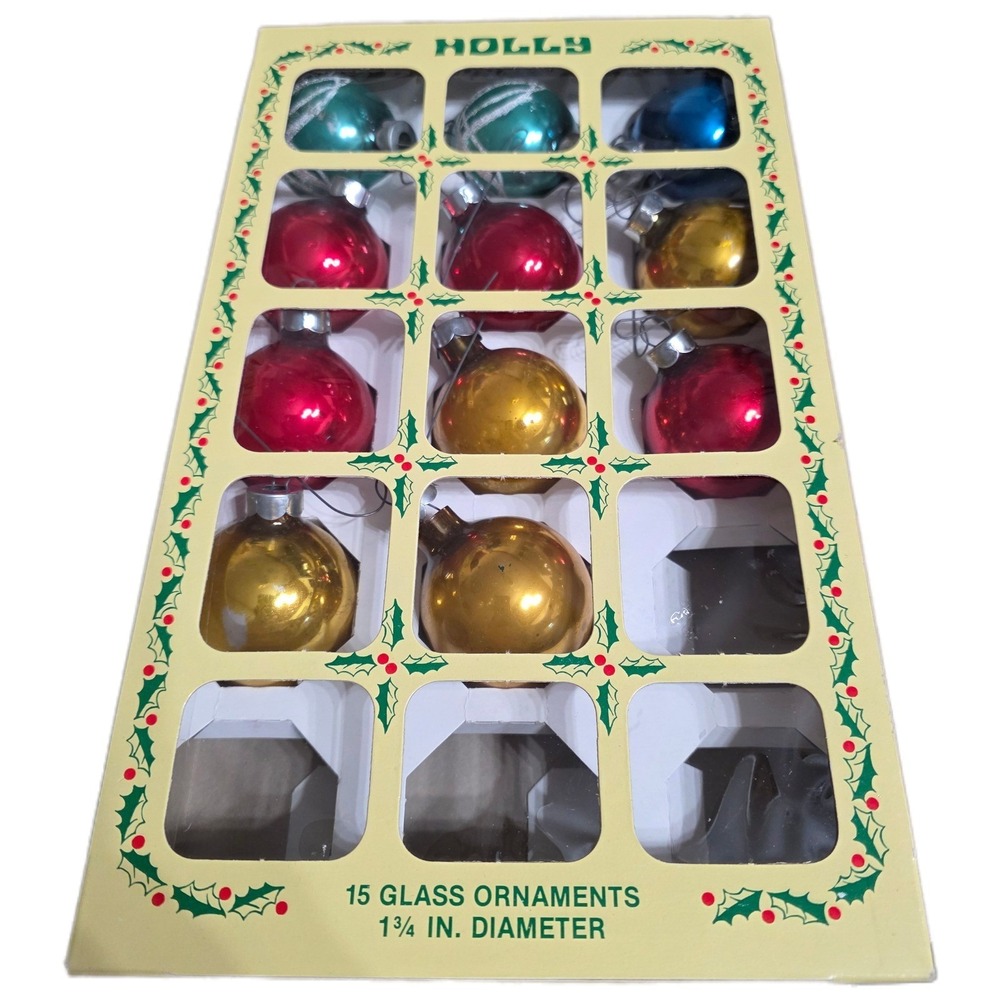 Vintage Holly Glass Christmas Ornaments 1 1/4 in Box of 15 Holiday Decor